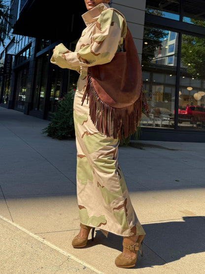 High Mock-neck  Camouflage Maxi Dress