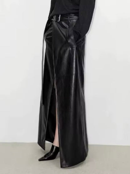 Slit-front Leather Maxi Skirt