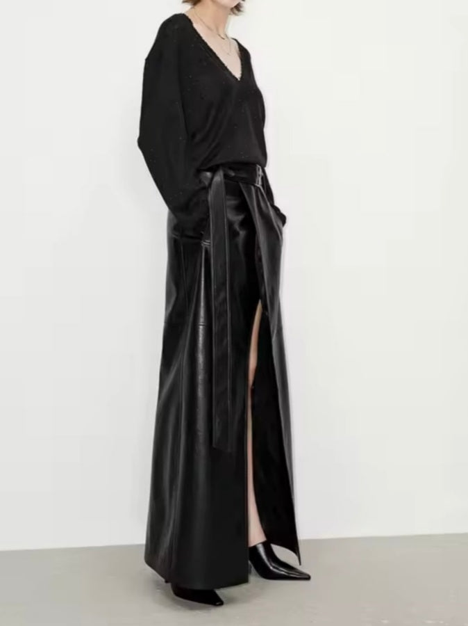 Slit-front Leather Maxi Skirt