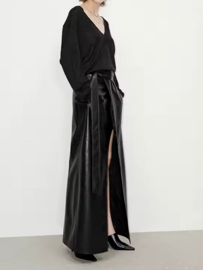 Slit-front Leather Maxi Skirt