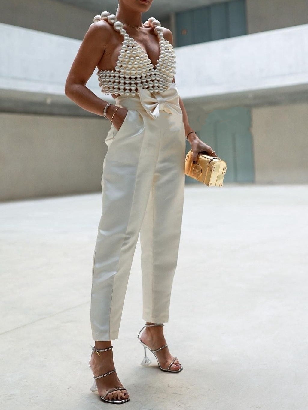 Hand-knitted Pearl Halter Tank Top