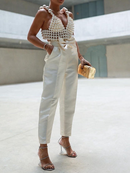 Hand-knitted Pearl Halter Tank Top