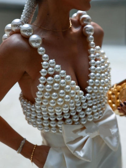 Hand-knitted Pearl Halter Tank Top