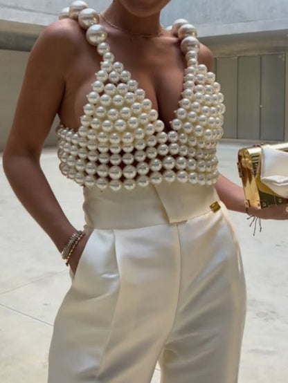 Hand-knitted Pearl Halter Tank Top