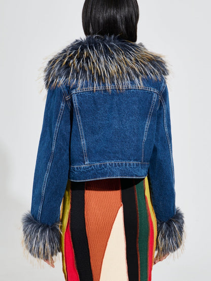 Dark Blue Denim Jacket With Fur Trim