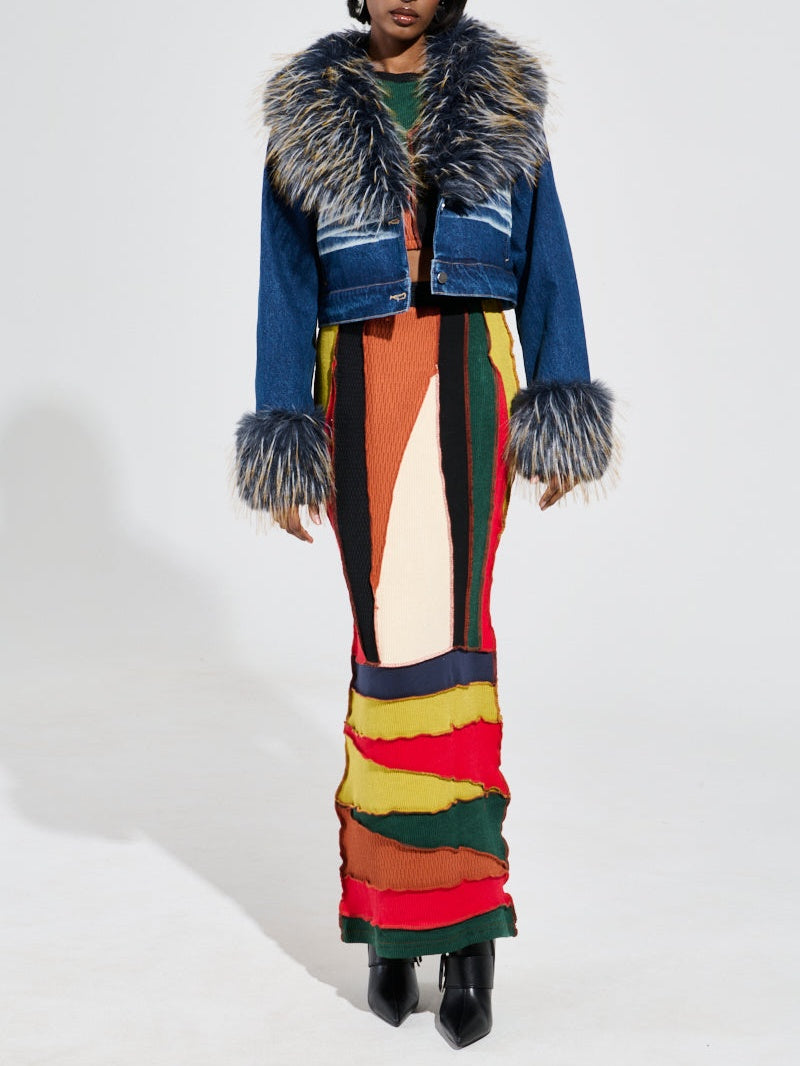 Dark Blue Denim Jacket With Fur Trim