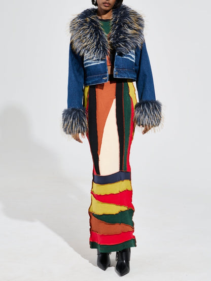 Dark Blue Denim Jacket With Fur Trim