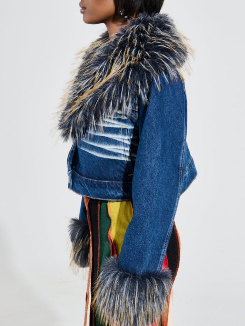 Dark Blue Denim Jacket With Fur Trim
