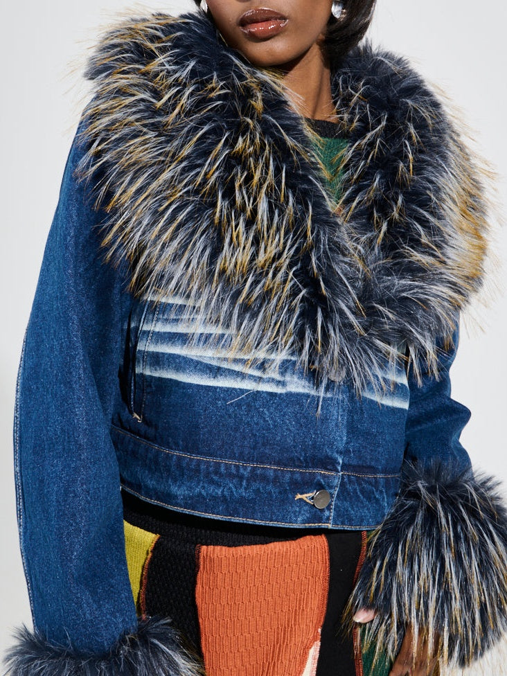 Dark Blue Denim Jacket With Fur Trim