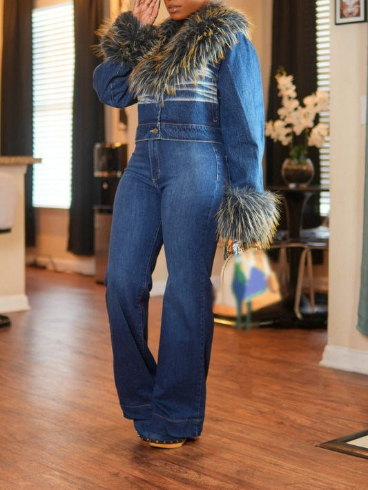 Dark Blue Denim Jacket With Fur Trim