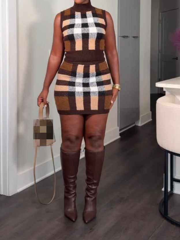 Knitted Plaid Two-pieces Set