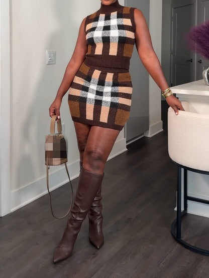 Knitted Plaid Two-pieces Set