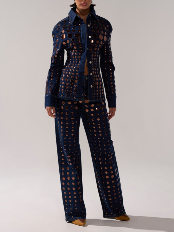 Round-Disc Decorated Denim Set