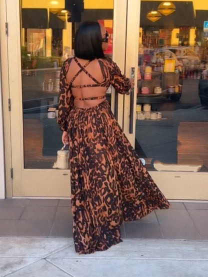 Long-sleeved Leopard Print Maxi Dress