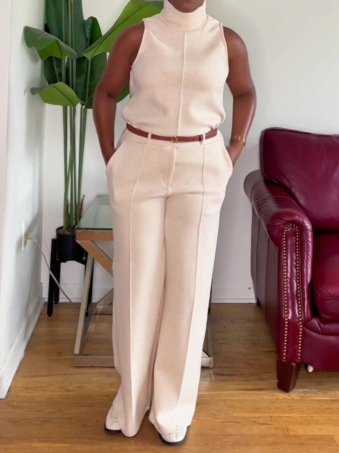 Sleeveless Turtleneck Top & High-waist Straight-leg Pants 2Pcs Set