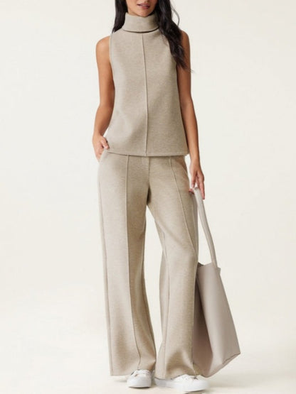 Sleeveless Turtleneck Top & High-waist Straight-leg Pants 2Pcs Set