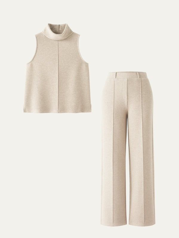 Sleeveless Turtleneck Top & High-waist Straight-leg Pants 2Pcs Set