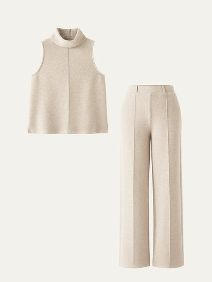 Sleeveless Turtleneck Top & High-waist Straight-leg Pants 2Pcs Set