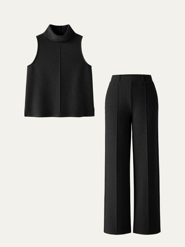 Sleeveless Turtleneck Top & High-waist Straight-leg Pants 2Pcs Set