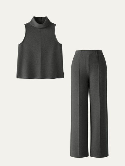 Sleeveless Turtleneck Top & High-waist Straight-leg Pants 2Pcs Set