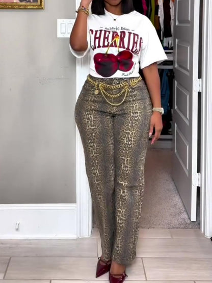 High Waisted Straight Leg Stretch Leopard Jeans