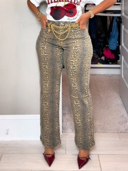 High Waisted Straight Leg Stretch Leopard Jeans