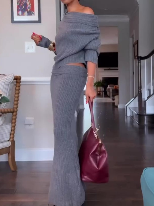 Off-the-shoulder Knitted Skirt 2Pcs Set