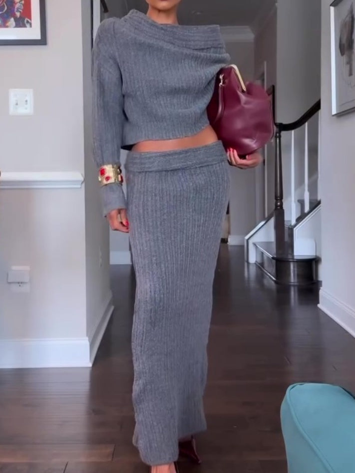 Off-the-shoulder Knitted Skirt 2Pcs Set