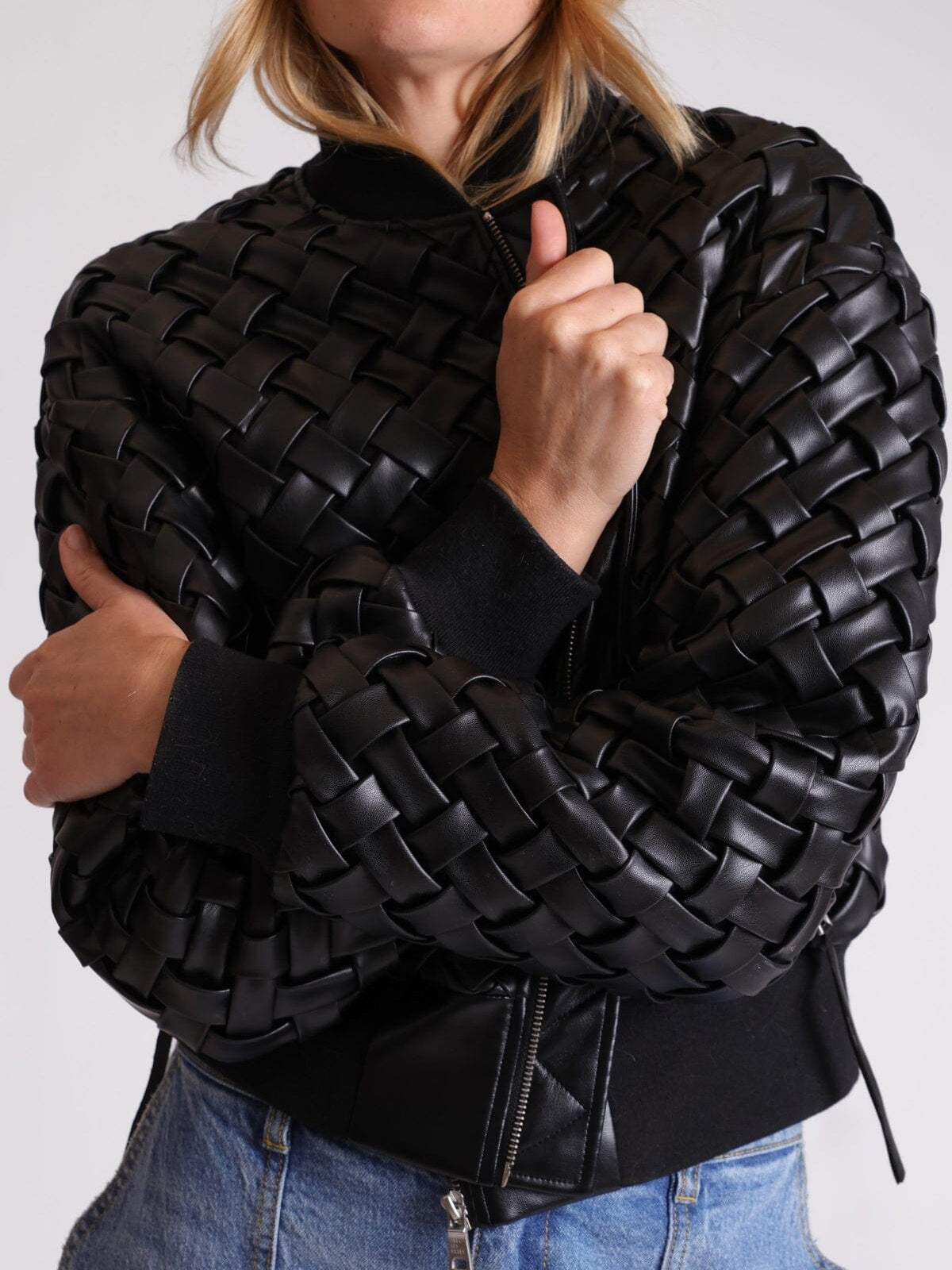 Woven Faux Leather Bomber Jacket