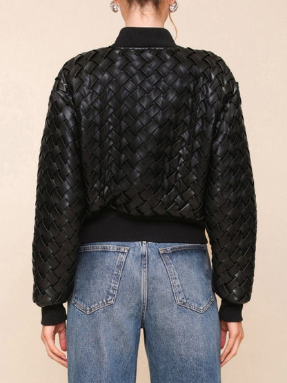 Woven Faux Leather Bomber Jacket