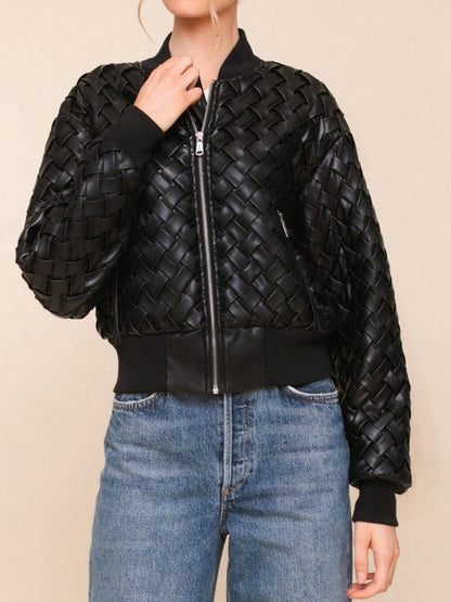 Woven Faux Leather Bomber Jacket