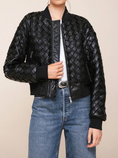 Woven Faux Leather Bomber Jacket