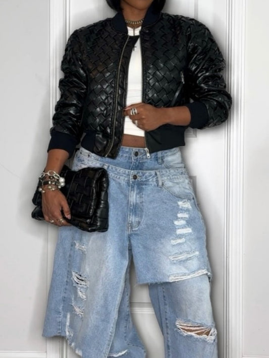 Woven Faux Leather Bomber Jacket