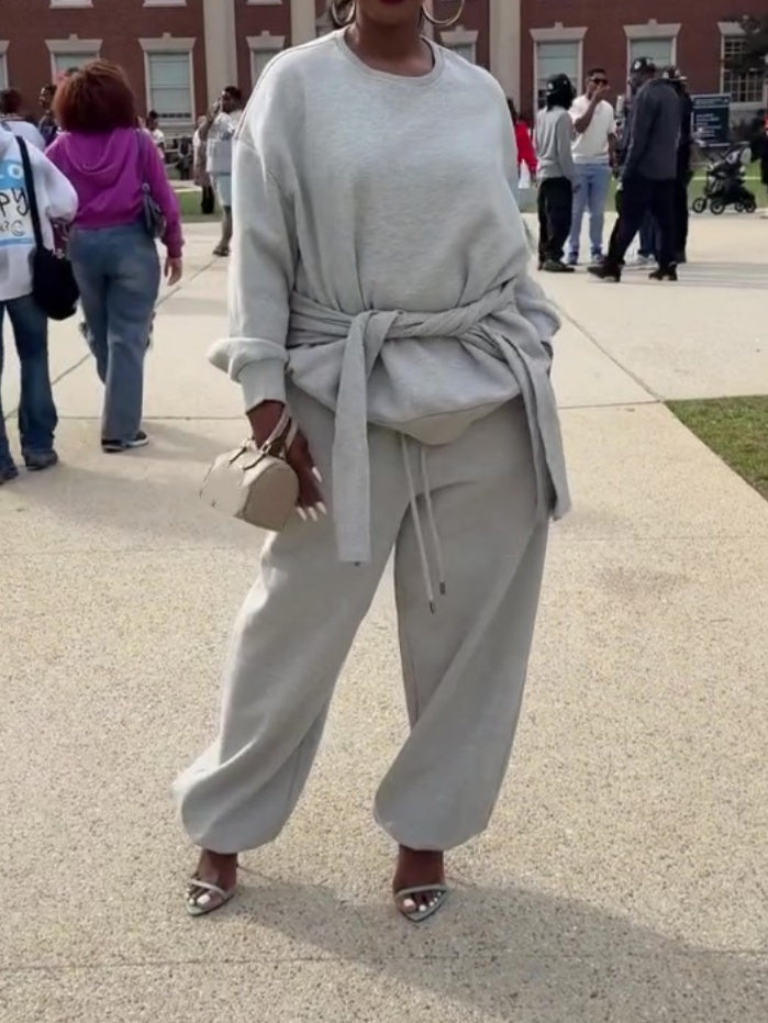 Double Layer Crewneck Sweatshirt & Sweatpants 2Pcs Set