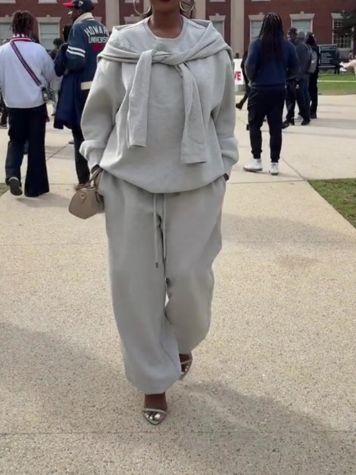 Double Layer Crewneck Sweatshirt & Sweatpants 2Pcs Set