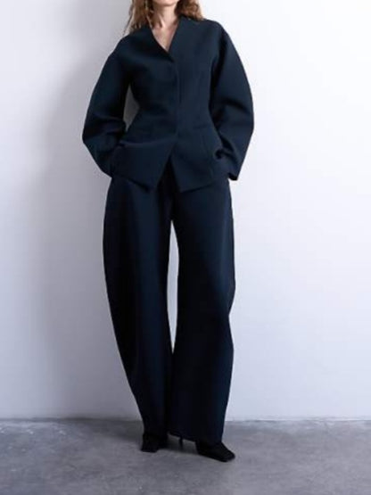 Navy Barrel Leg Tailored Trousers