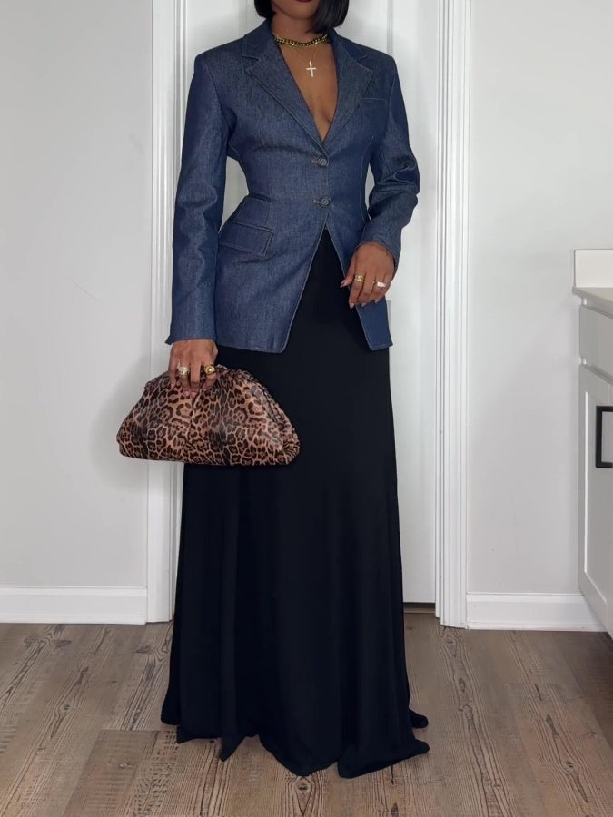 Tailored Denim Cinch Waist Blazer