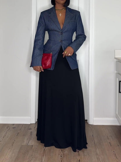 Tailored Denim Cinch Waist Blazer