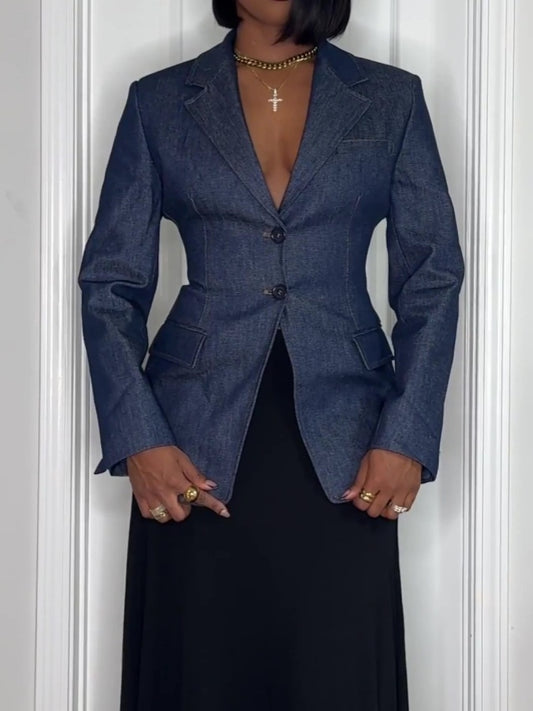 Tailored Denim Cinch Waist Blazer
