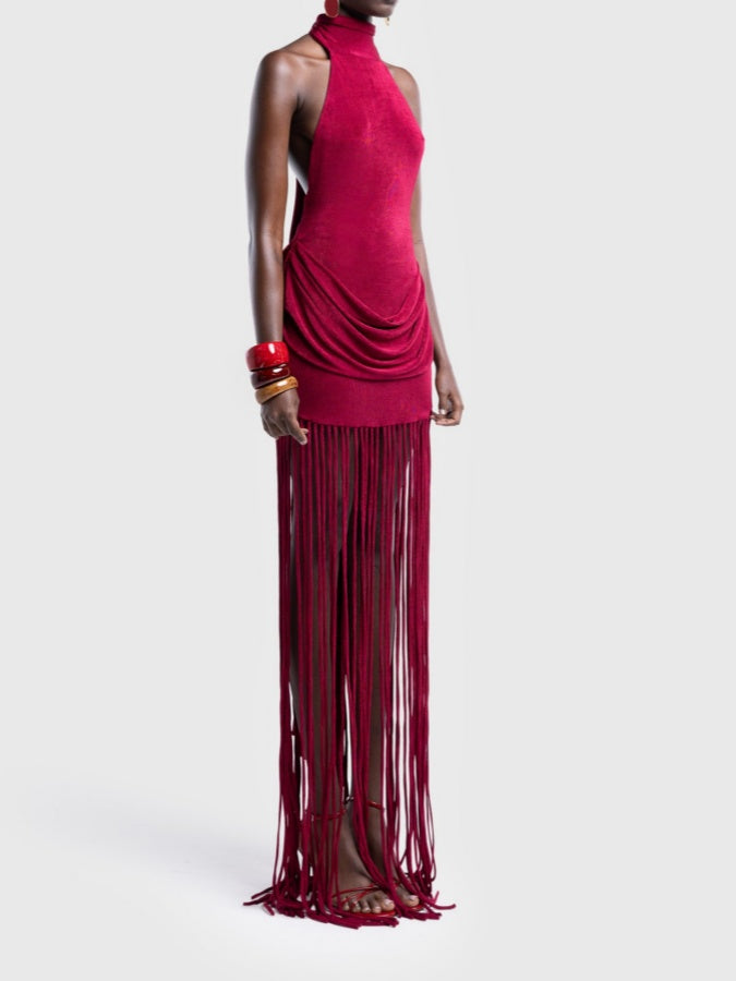 Sleeveless Halter Neck Tassel Dress