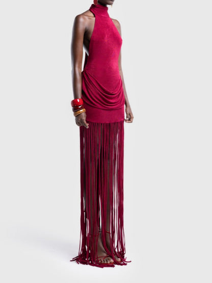 Sleeveless Halter Neck Tassel Dress