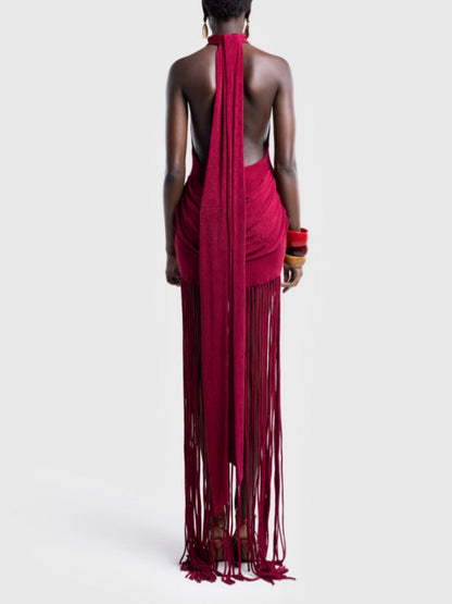 Sleeveless Halter Neck Tassel Dress