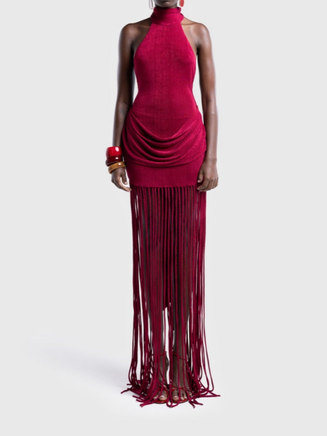 Sleeveless Halter Neck Tassel Dress