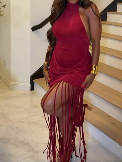 Sleeveless Halter Neck Tassel Dress