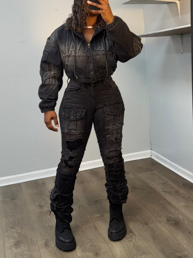 Cropped Hooded Jacket Two Pieces Set