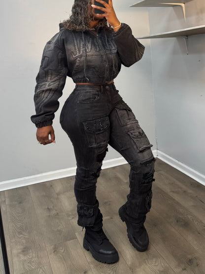 Cropped Hooded Jacket Two Pieces Set