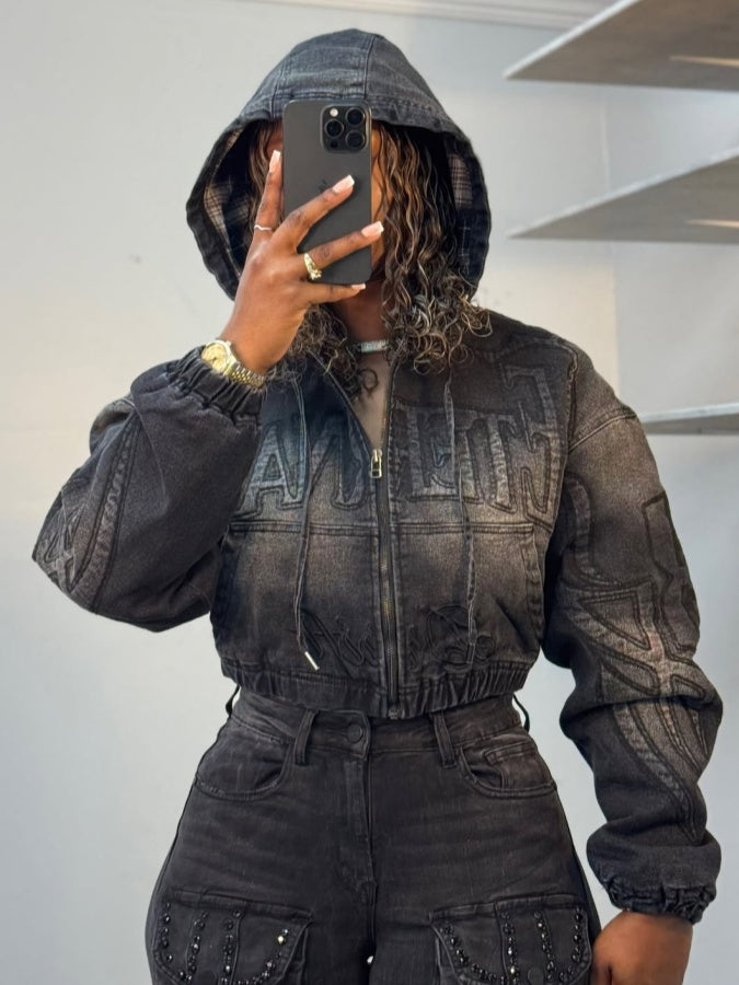 Cropped Hooded Jacket Two Pieces Set