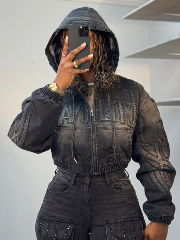Cropped Hooded Jacket Two Pieces Set