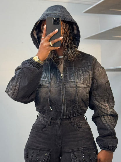 Cropped Hooded Jacket Two Pieces Set