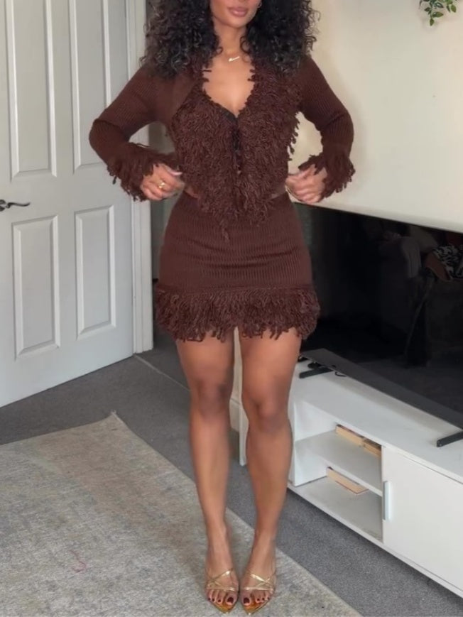 Fringe Cardigan Skirt Set